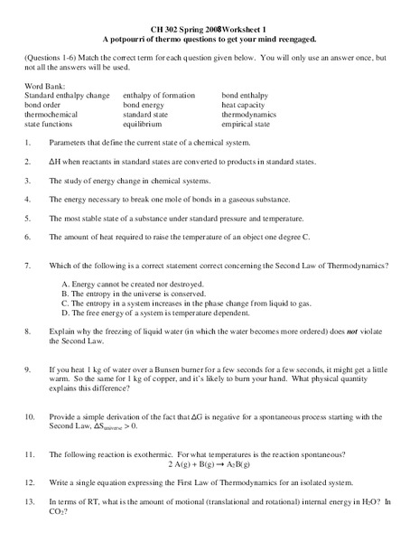 Thermodynamics Worksheet