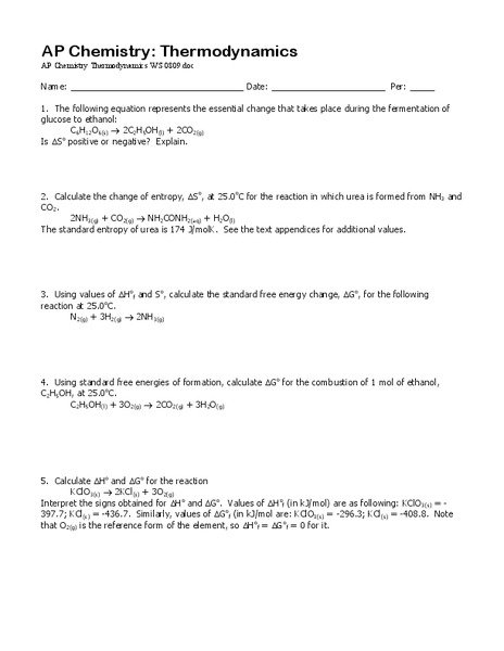 Thermodynamics Worksheet
