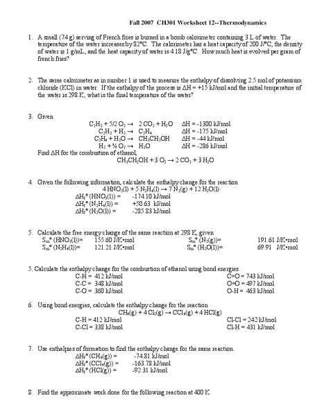 Thermodynamics Worksheet