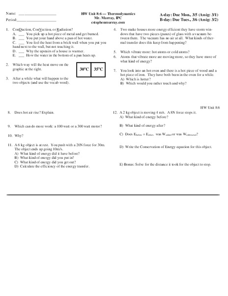 Thermodynamics Worksheet
