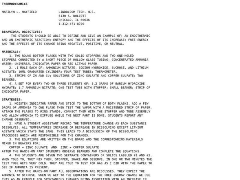 Thermodynamics Lesson Plan