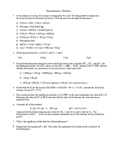 Thermodynamics Worksheet Worksheet