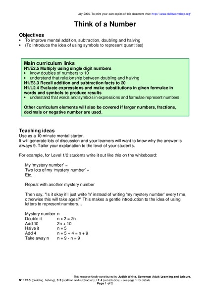 Think of a Number Worksheet