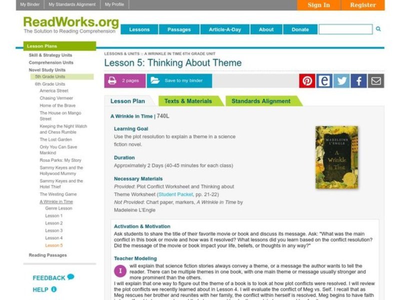 Thinking about Theme Lesson Plan