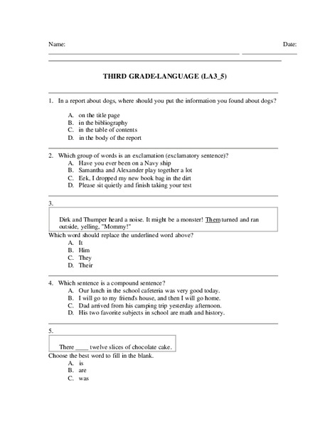 Third Grade Language Lesson Plan