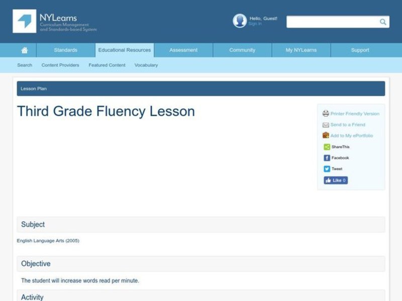 Third Grade Fluency Lesson Lesson Plan