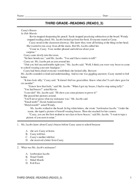 Third Grade Reading Worksheet
