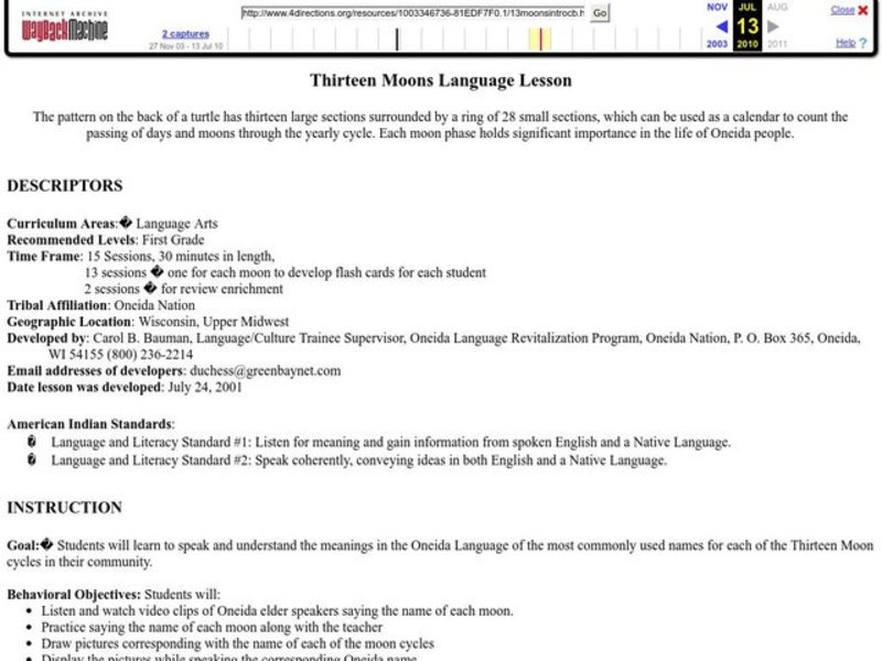 Thirteen Moons Language Lesson Lesson Plan