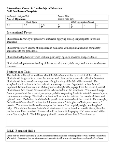 This is Your Life Lesson Plan