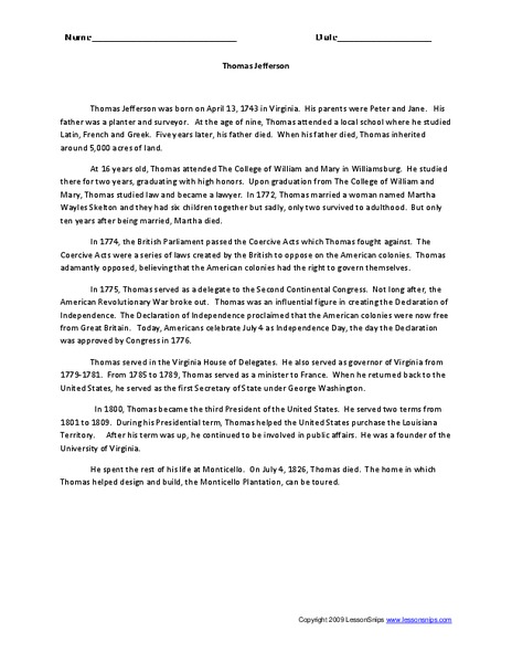 Thomas Jefferson Worksheet