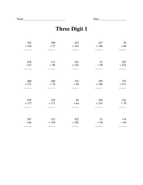 Three Digit 1 Worksheet