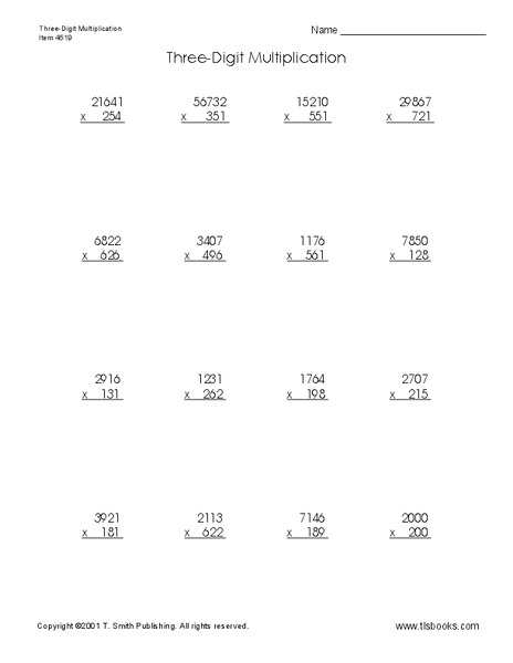 Three Digit Multiplication Worksheet