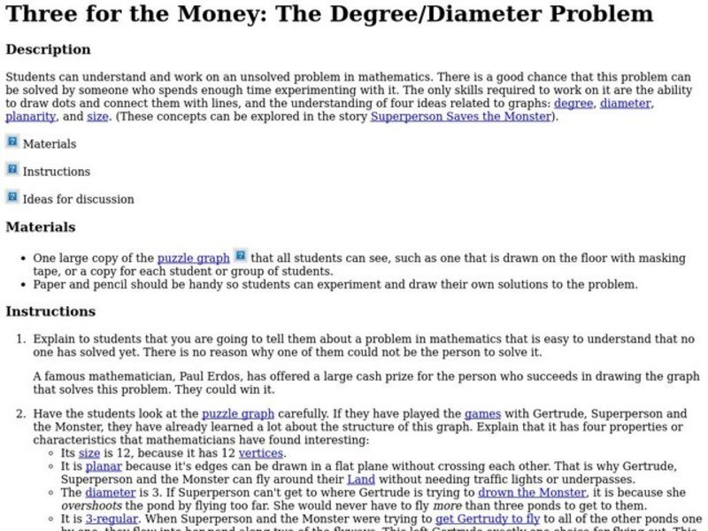Three for the Money: The Degree/Diameter Problem Lesson Plan