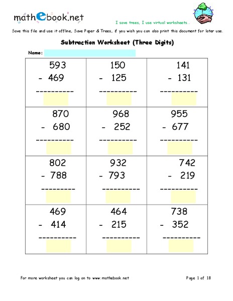 Three Digit Subtraction Worksheet