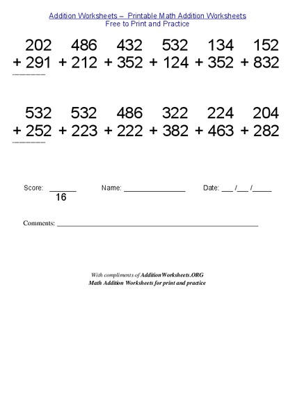 Three-Digit Addition  Worksheet