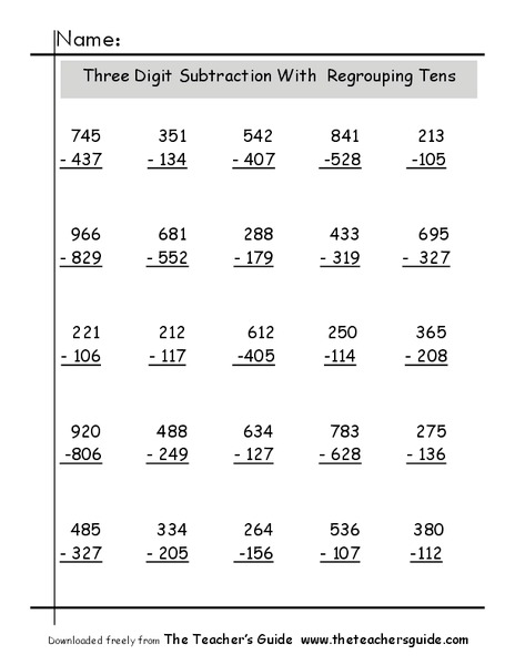 Three-Digit Subtraction With Regrouping Worksheet