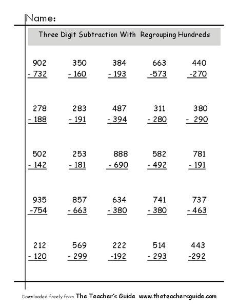 Three-Digit Subtraction With Regrouping Hundreds Worksheet