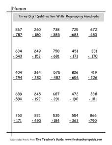 Three-Digit Subtraction With Regrouping Hundreds Worksheet