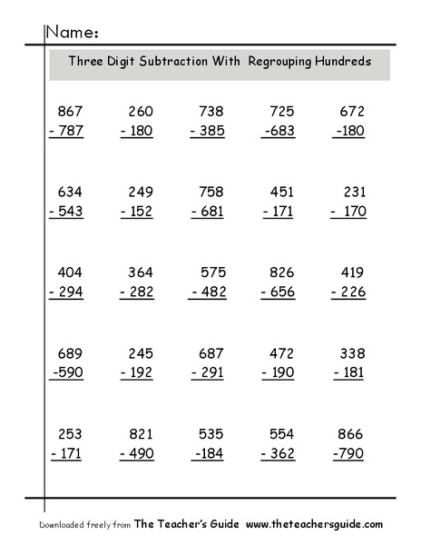 Three-Digit Subtraction With Regrouping Hundreds Worksheet