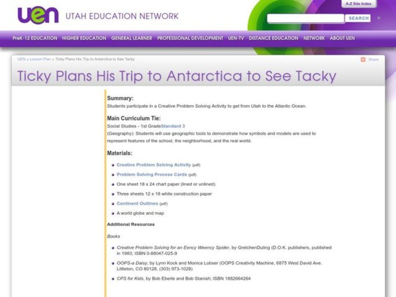 Ticky Plans His Trip to Antarctica to See Tacky Lesson Plan