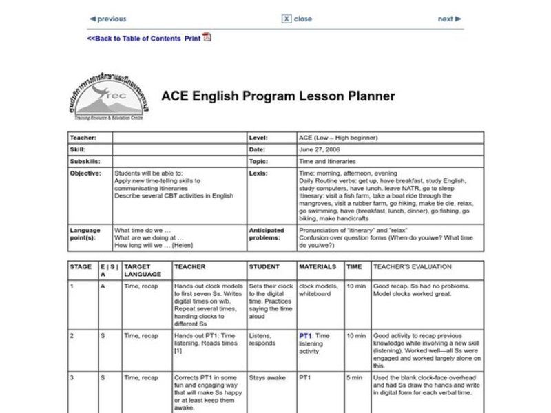 Time & Itineraries Two Lesson Plan