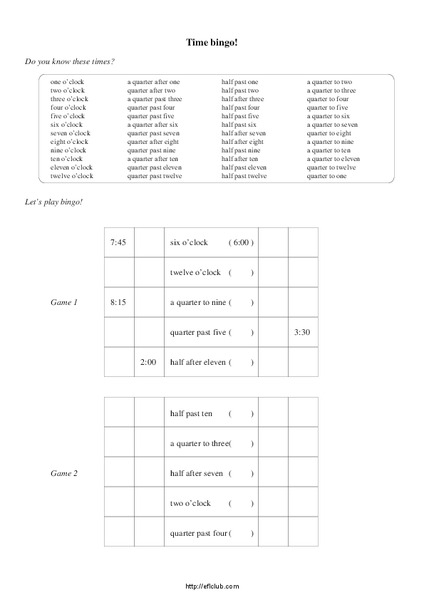 Time Bingo Worksheet