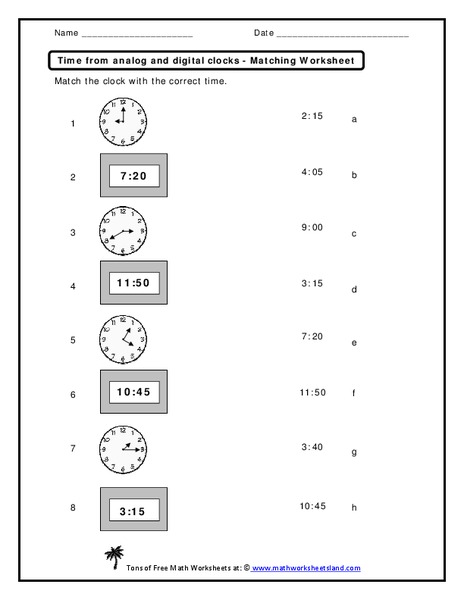 Time from Analog and Digital Clocks Worksheet