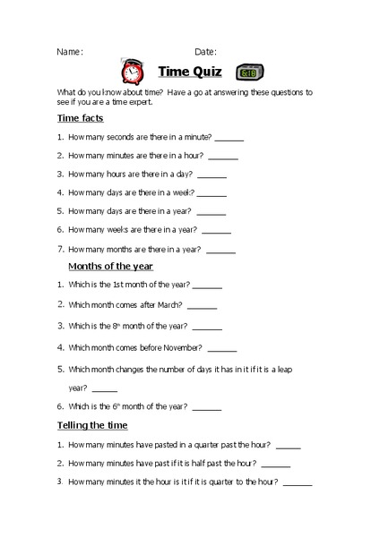Time Quiz Worksheet