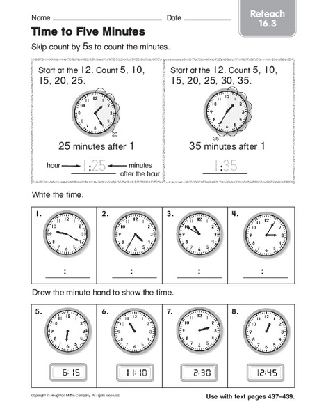 Time to Five Minutes: Reteach Worksheet