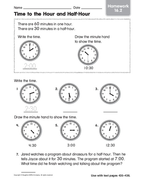 Time to the Hour and Half-Hour Worksheet
