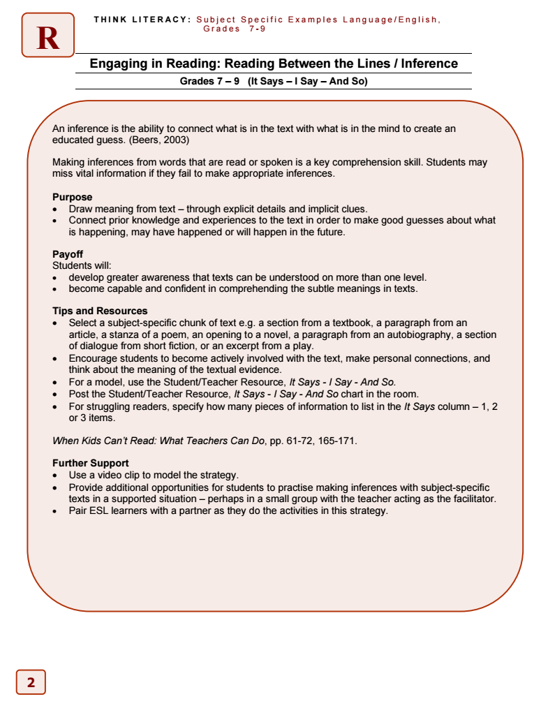 Reading Between the Lines Unit Plan