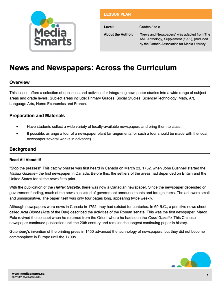 News and Newspapers: Across the Curriculum Lesson Plan