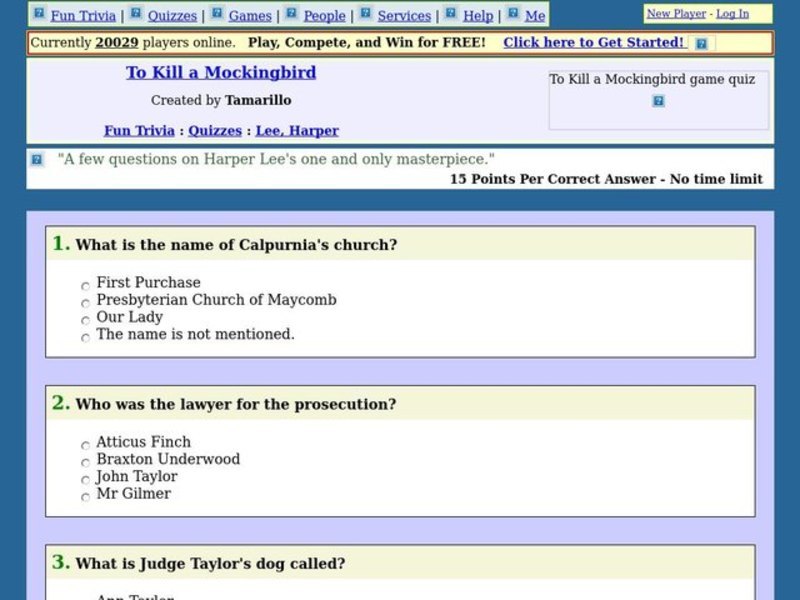 To Kill a Mockingbird Quiz Worksheet
