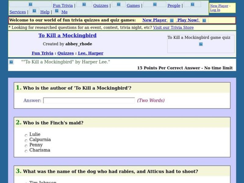 To Kill a Mockingbird Quiz Worksheet
