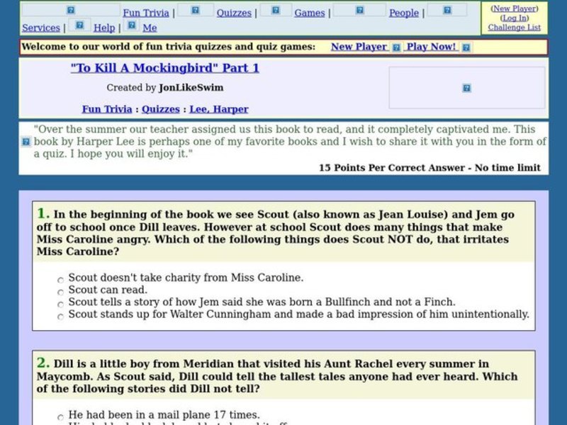 To Kill a Mockingbird: Fun Trivia Quiz Interactive