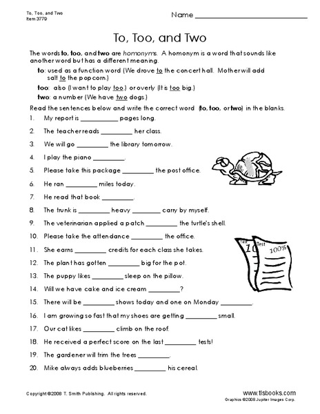 To, Too, and Two Worksheet