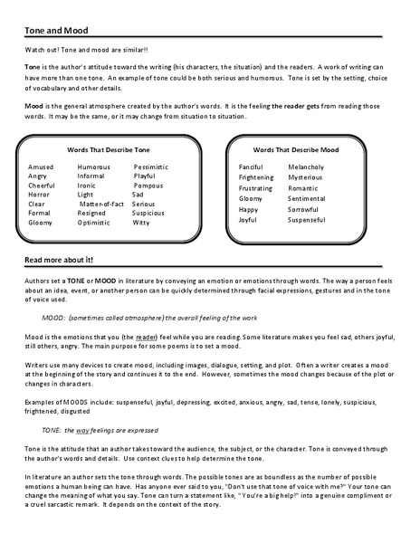 Tone and Mood Worksheet