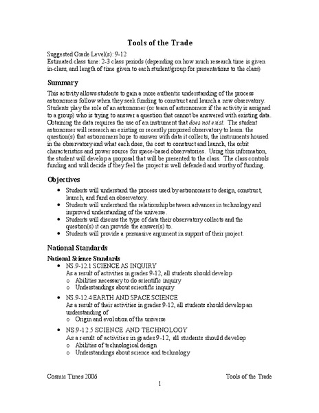 Tools of the Trade Lesson Plan