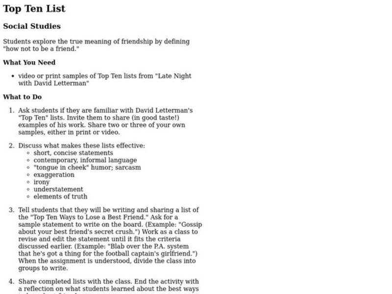 Top Ten List Lesson Plan