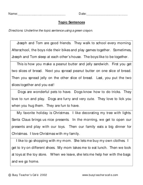 Topic Sentences Worksheet
