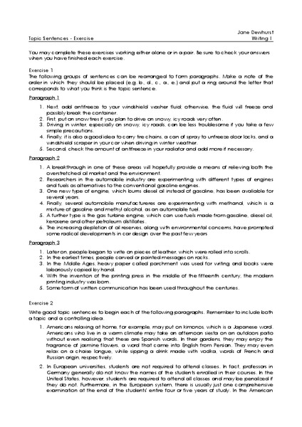 Topic Sentences Worksheet