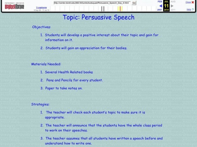 Topic: Persuasive Speech Lesson Plan