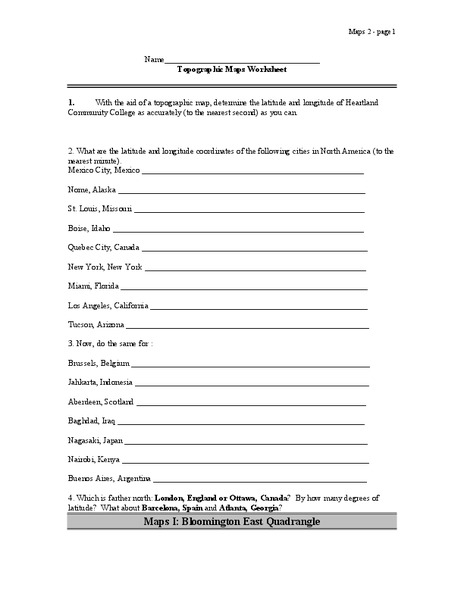 Topographic Maps Worksheet Worksheet