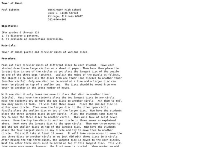 Tower of Hanoi Lesson Plan