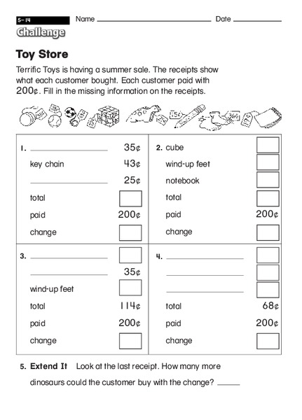 Toy Store Worksheet