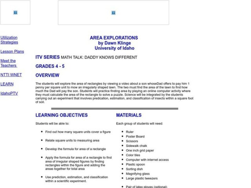 Area Explorations Lesson Plan