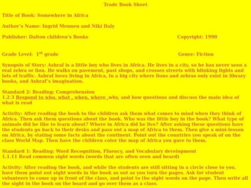 Trade Book Sheet Lesson Plan