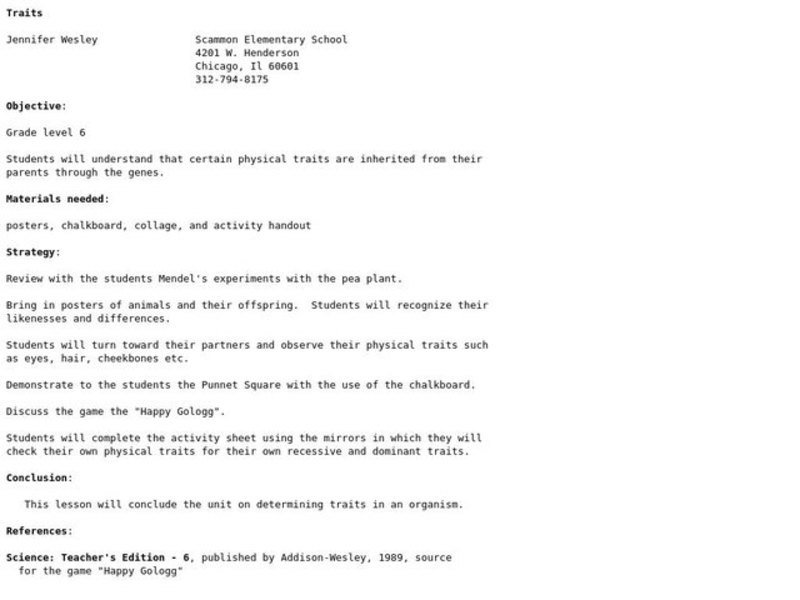 Traits Lesson Plan