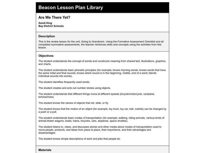 Are We There Yet? Lesson Plan