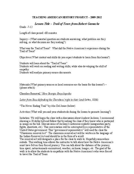 Trail of Tears Lesson Plan